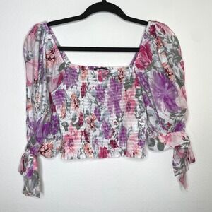 Express Floral Smocked Puff Sleeve Crop Top XS Purple Pink Cottagecore Coquette